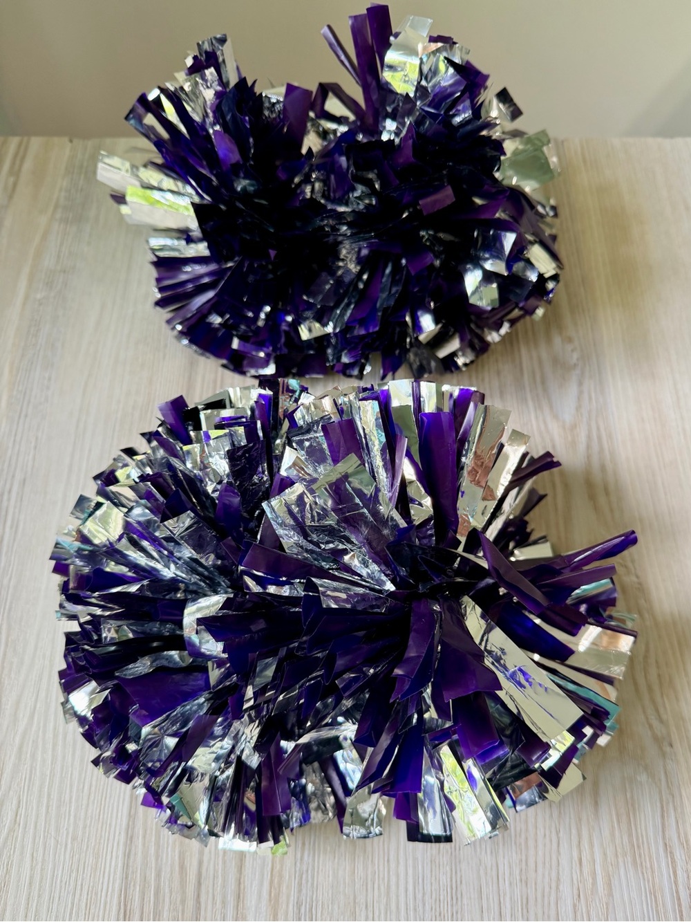 Cheerleading Pom Poms Pair Purple & Silver Metallic Tinsel with Baton Handles.